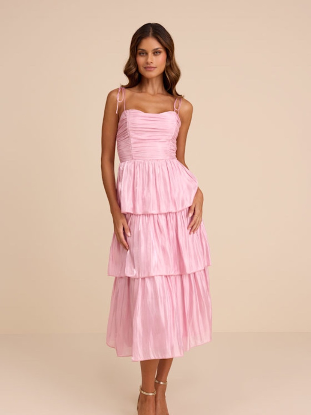 Lulus Tennon Light Pink Plisse Tiered Midi Dress - Size XL